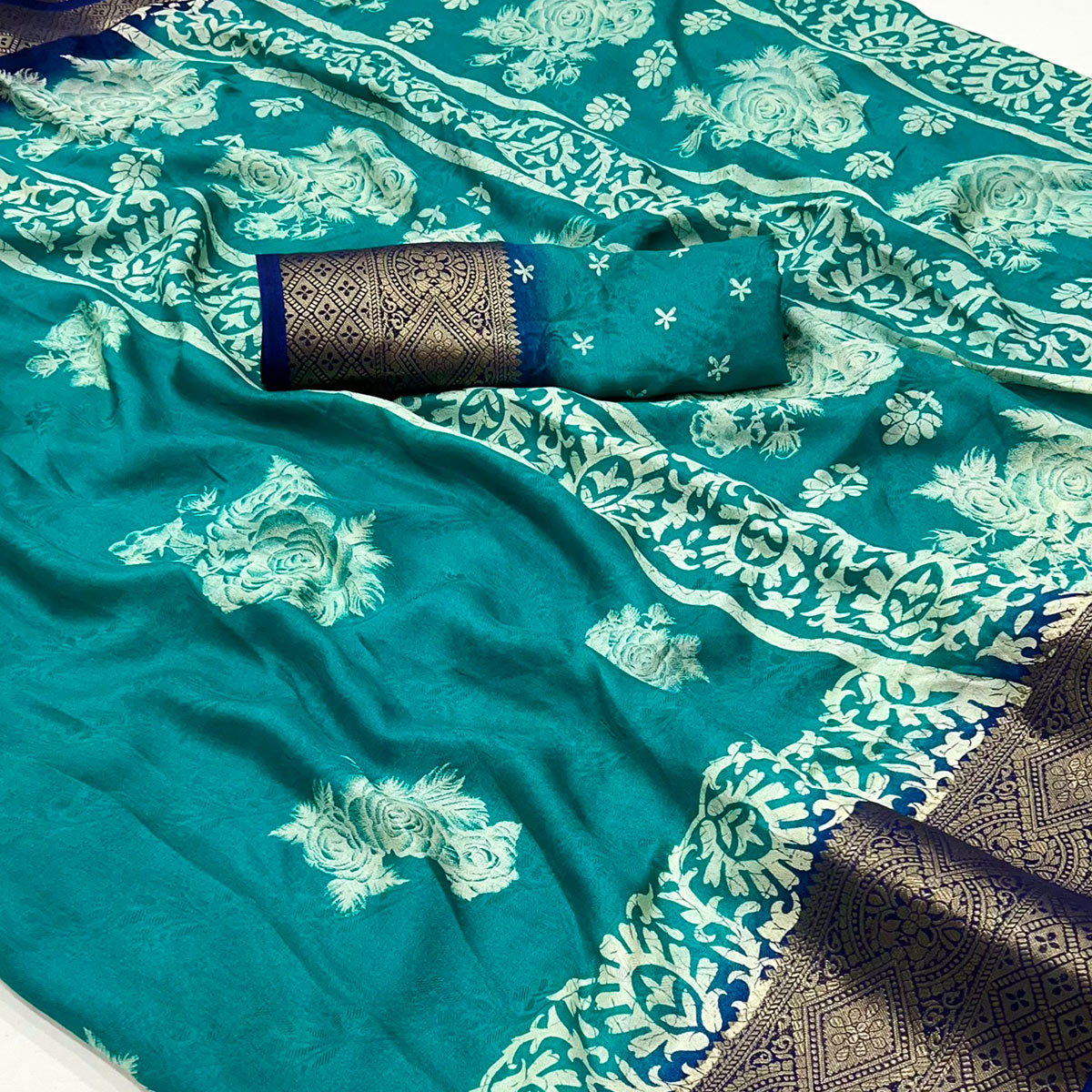 Rama Blue Floral Printed Georgette Saree With Fancy Jacquard Zari Border