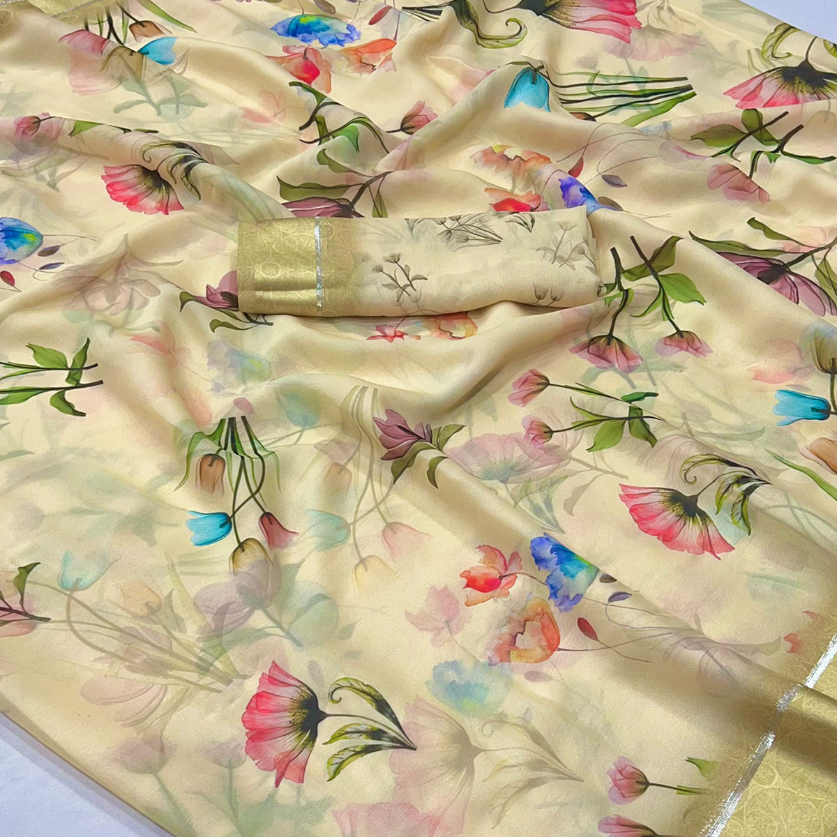 Light Yellow Floral Digital Printed Georgette Saree With Fancy Zari Border