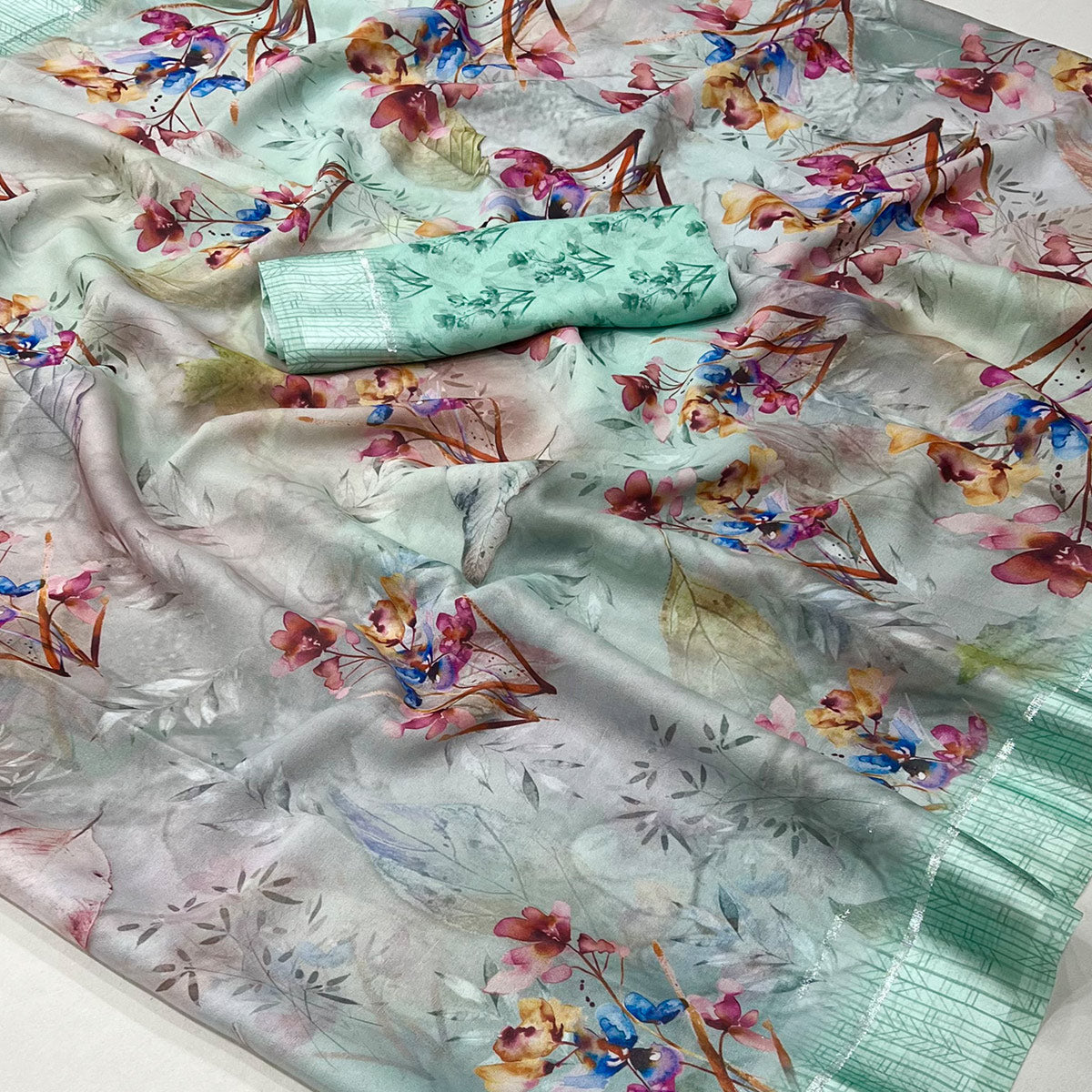 Sea Green Floral Digital Printed Georgette Saree With Fancy Zari Border