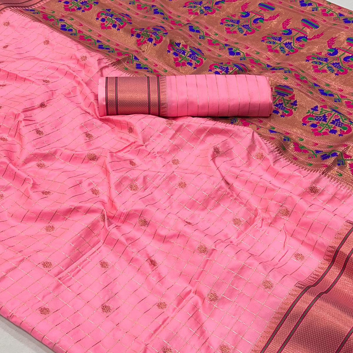 Pink Floral Woven Zari Checks Art Silk Saree