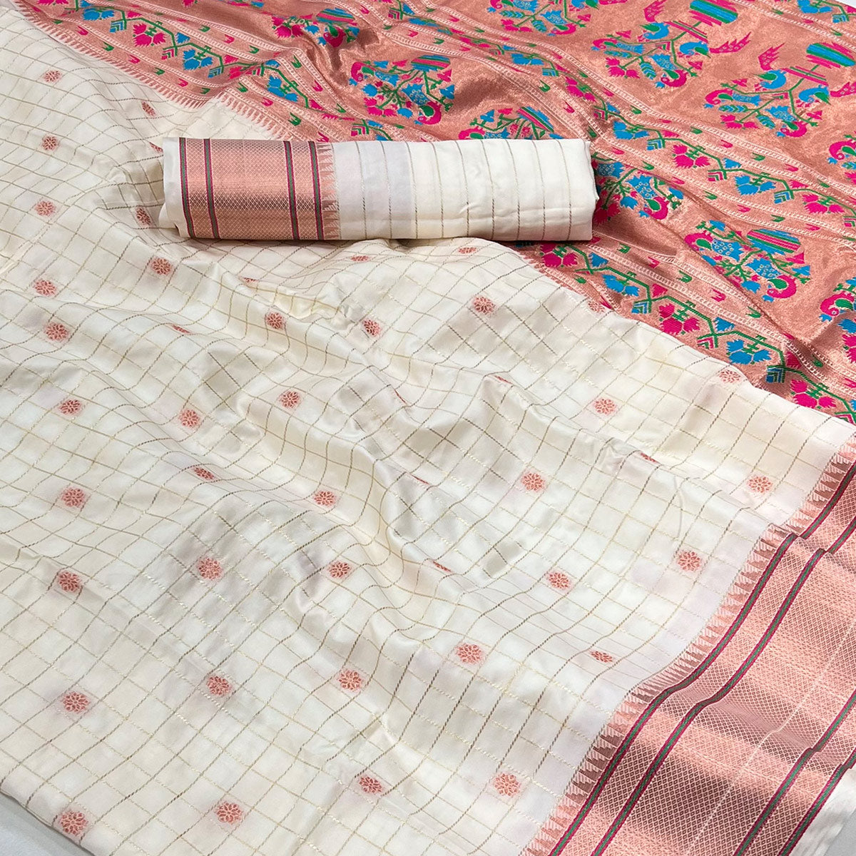 White Floral Woven Zari Checks Art Silk Saree