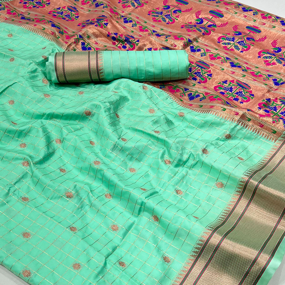 Sea Green Floral Woven Zari Checks Art Silk Saree