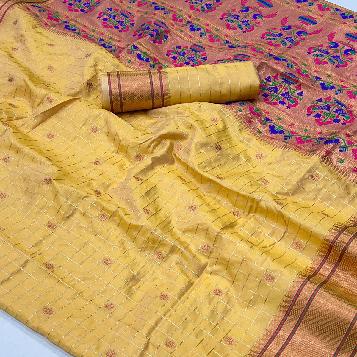 Yellow Floral Woven Zari Checks Art Silk Saree