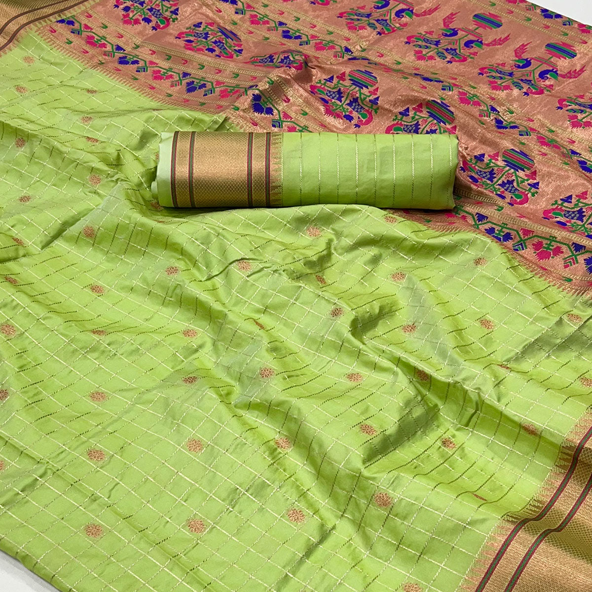 Green Floral Woven Zari Checks Art Silk Saree