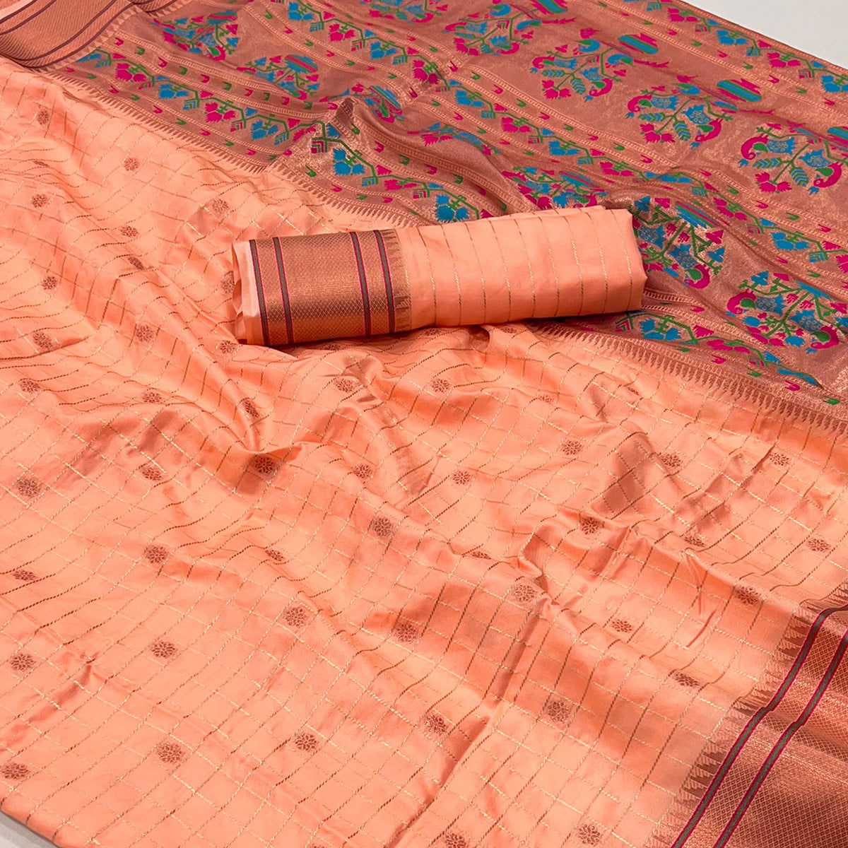 Peach Floral Woven Zari Checks Art Silk Saree