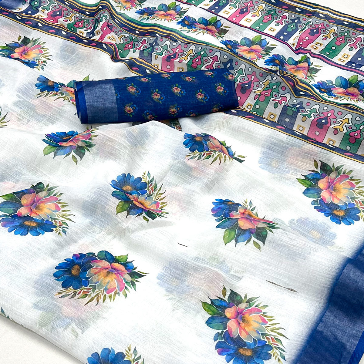 White & Blue Floral Digital Printed Linen Saree With Zari Border