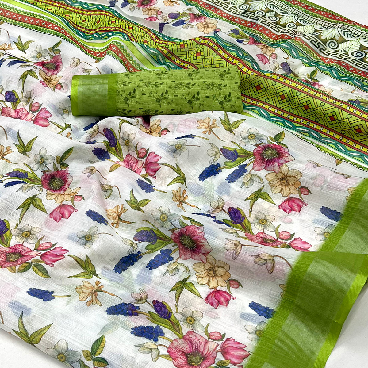 White & Green Floral Digital Printed Linen Saree With Zari Border