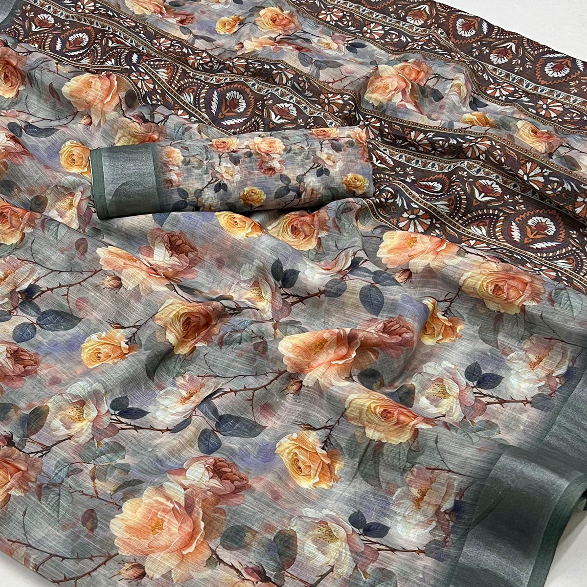 Grey Floral Digital Printed Linen Saree With Zari Border