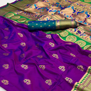Violet Floral Woven Pure Silk Saree