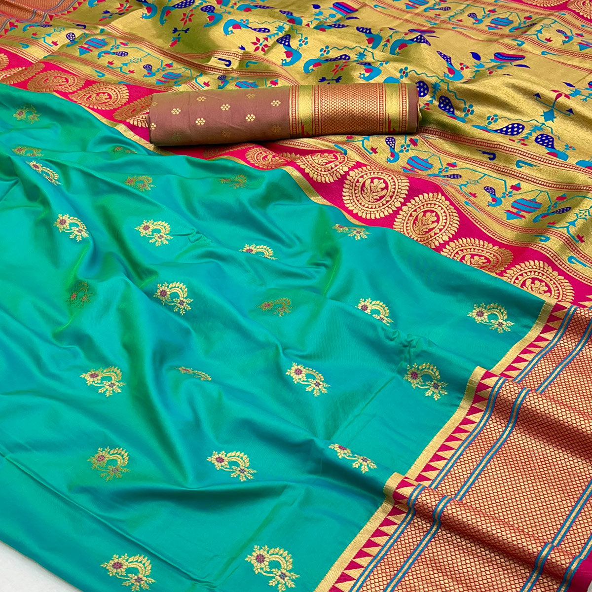 Rama Green Floral Woven Pure Silk Saree
