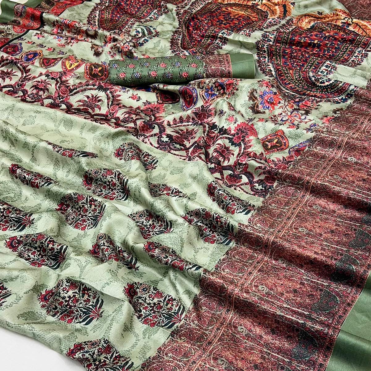 Green Floral Digital Printed Pashmina Saree