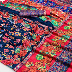 Navy Blue Floral Digital Printed Pashmina Saree