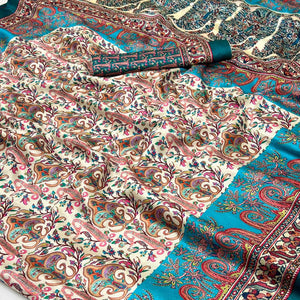 Cream & Blue Floral Digital Printed Pashmina Saree