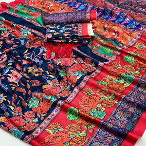 Navy Blue Floral Digital Printed Pashmina Saree With Shawl