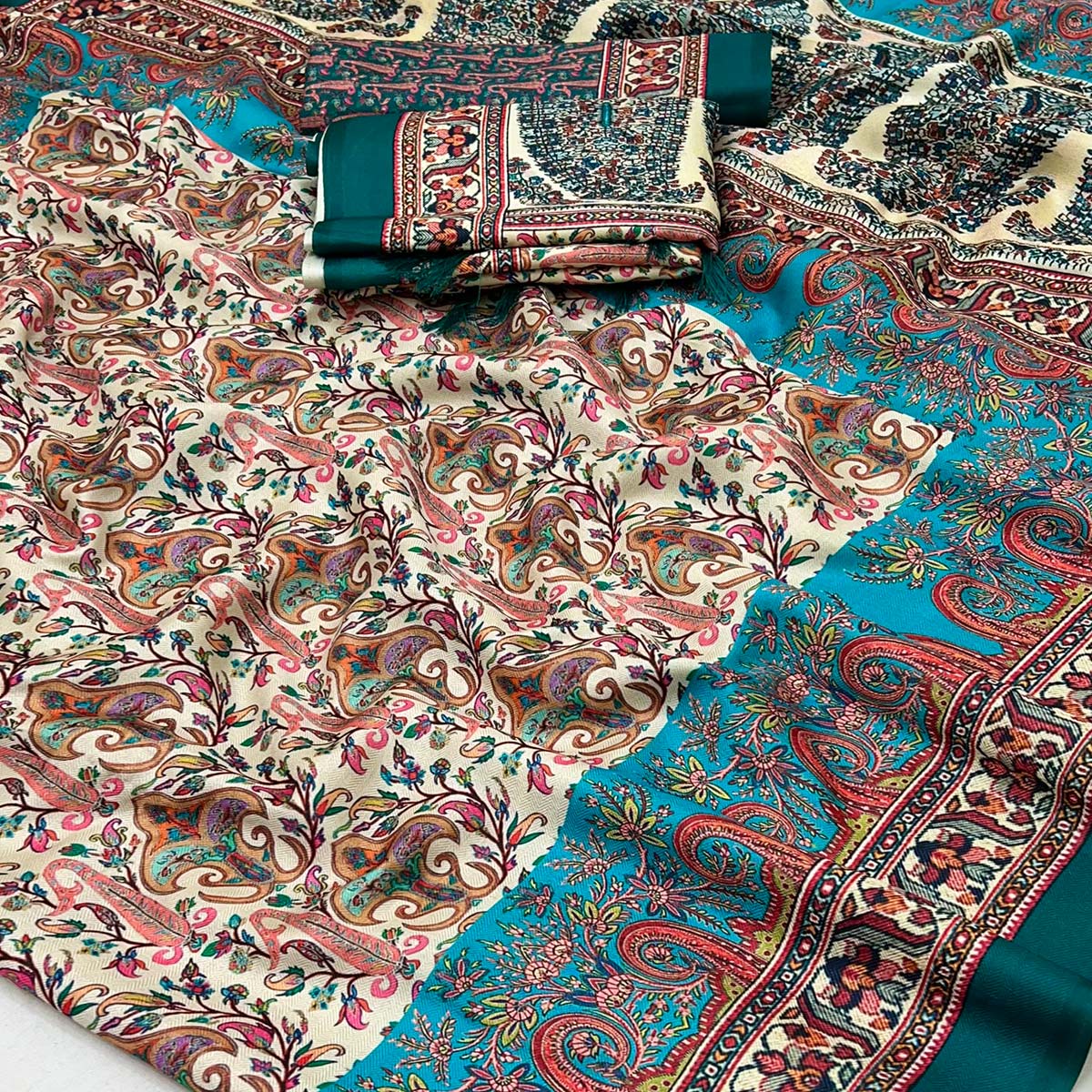 Cream Floral Digital Printed Pashmina Saree With Shawl