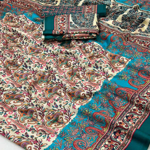 Cream Floral Digital Printed Pashmina Saree With Shawl