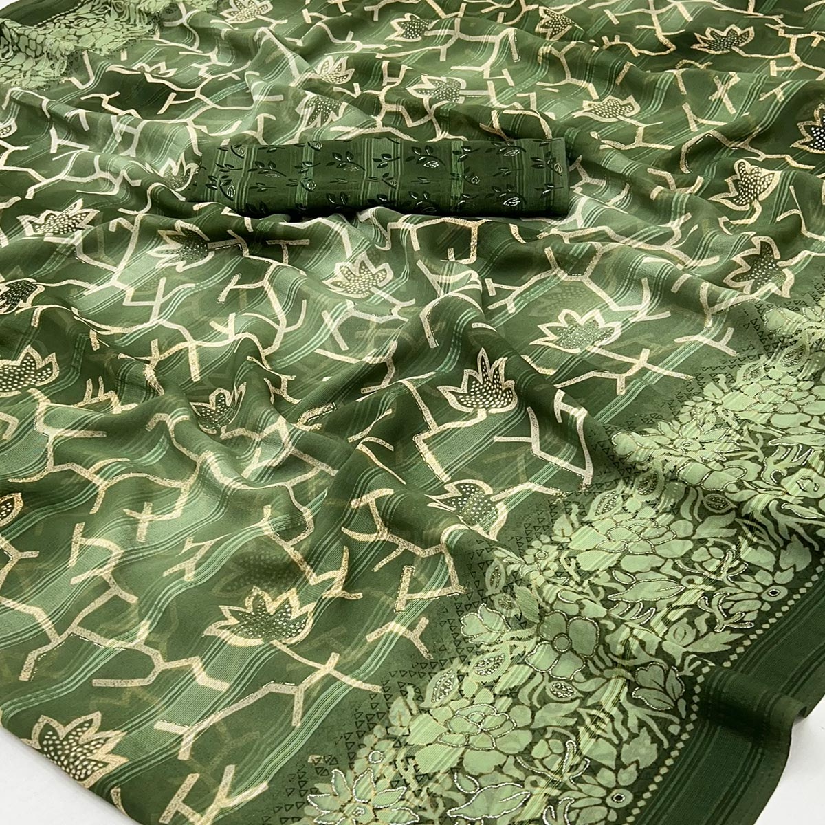 Green Floral Printed Georgette Saree