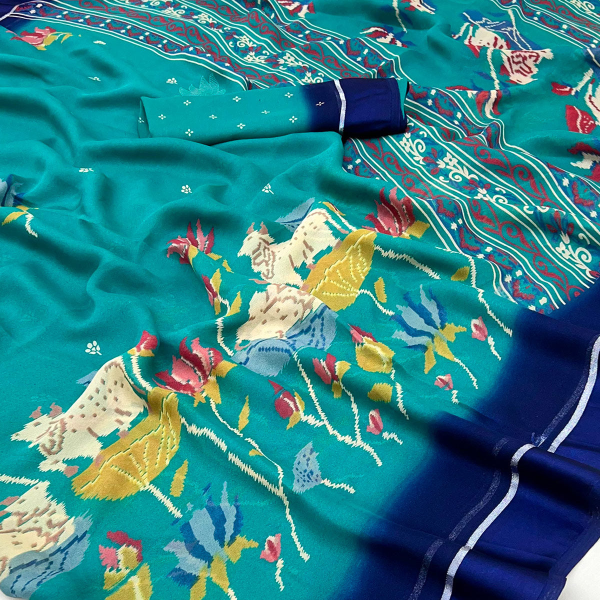 Rama Blue Floral Printed Georgette Saree With Satin Border