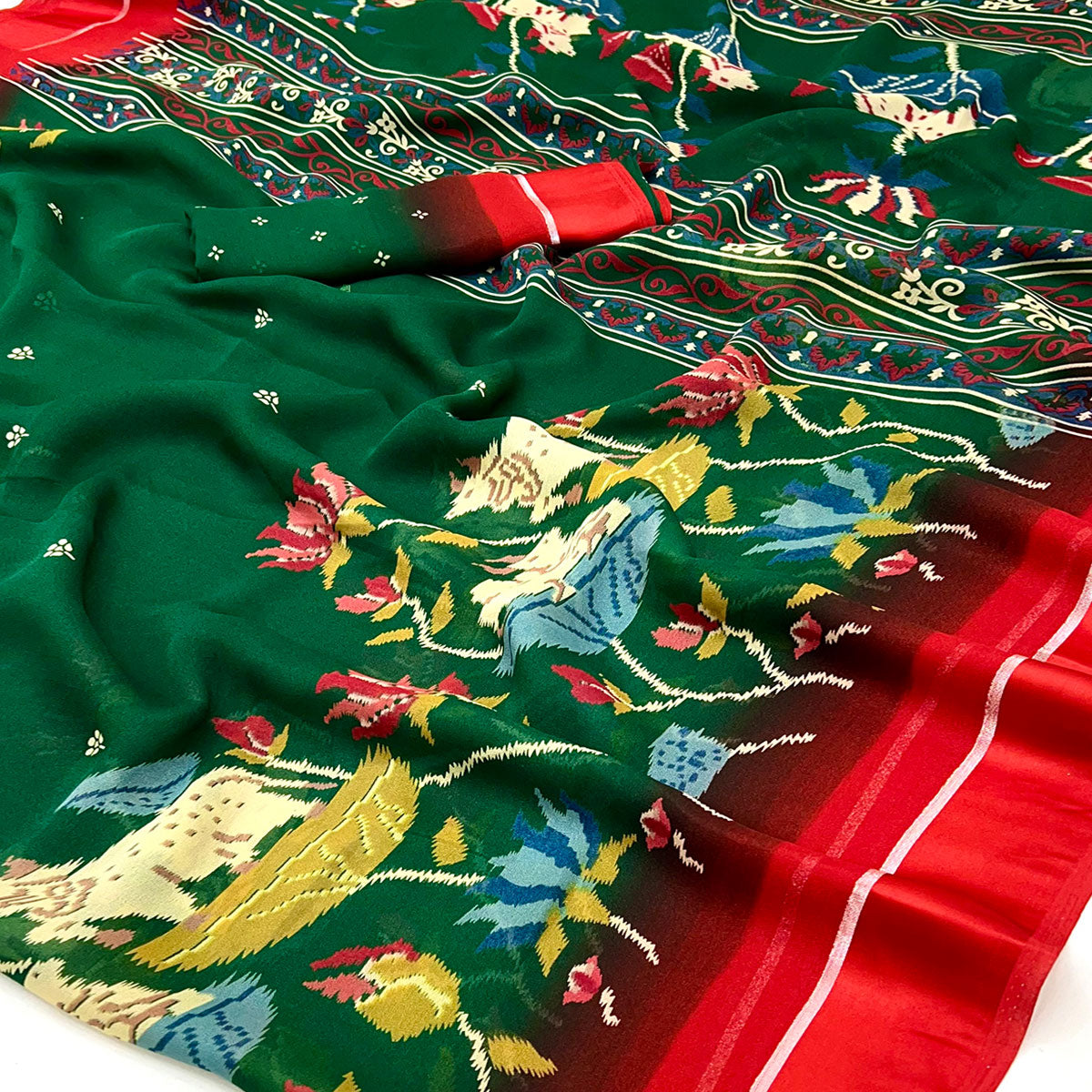 Green Floral Printed Georgette Saree With Satin Border