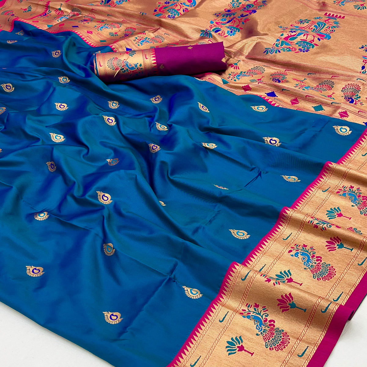 Morpich Blue Floral Woven Pure Silk Paithani Saree