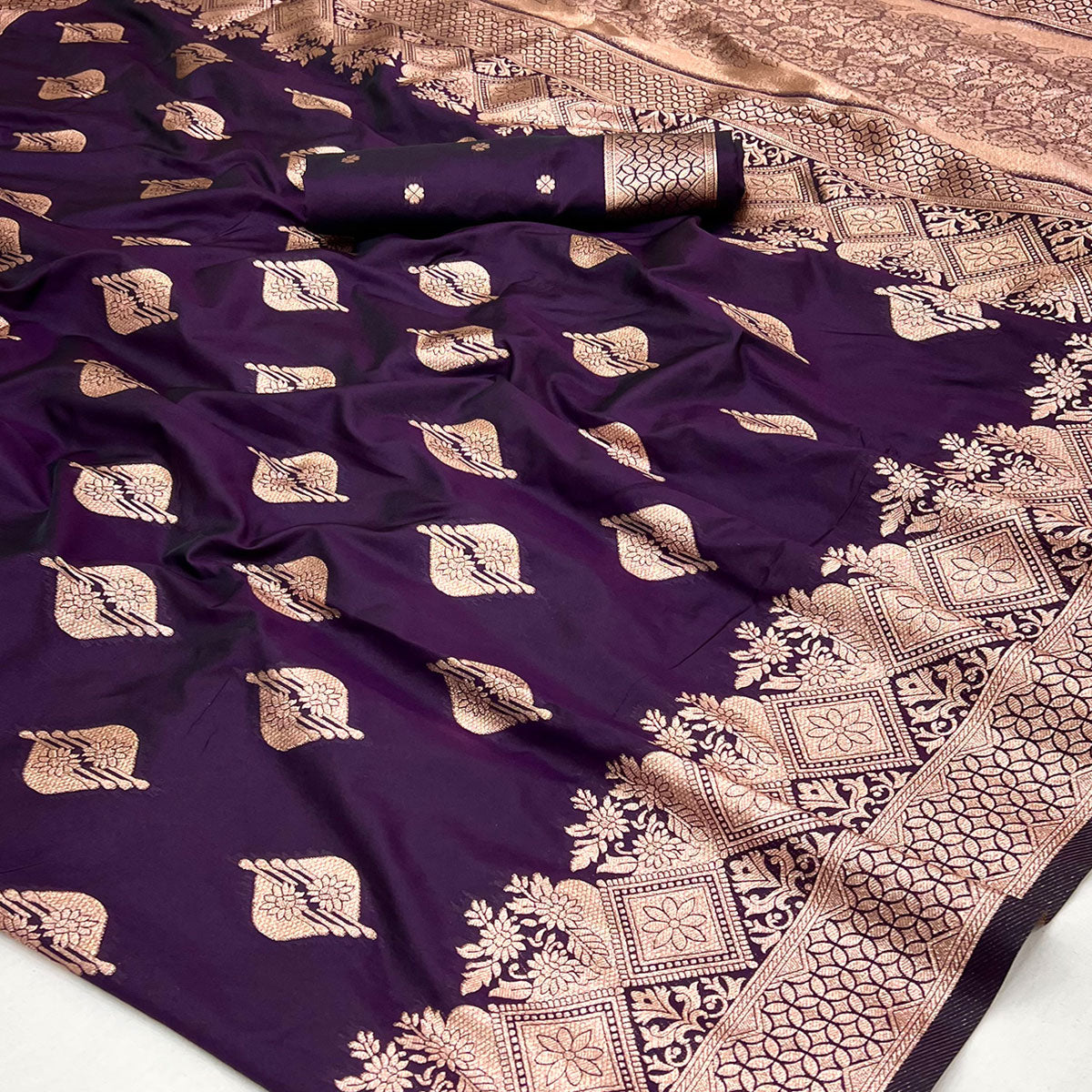 Wine Floral Woven Banarasi Silk Saree