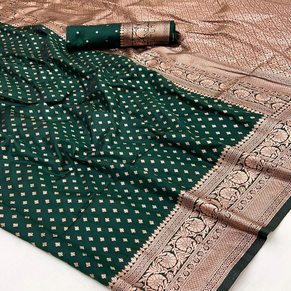Bottle Green Floral Woven Banarasi Silk Saree