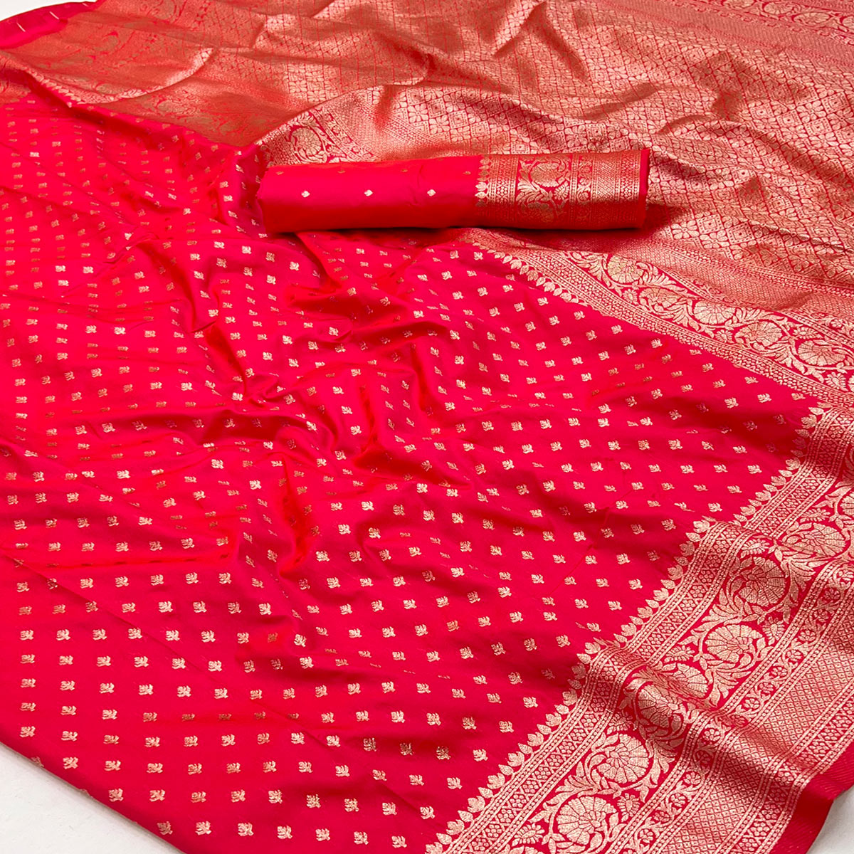 Cherry Red Floral Woven Banarasi Silk Saree