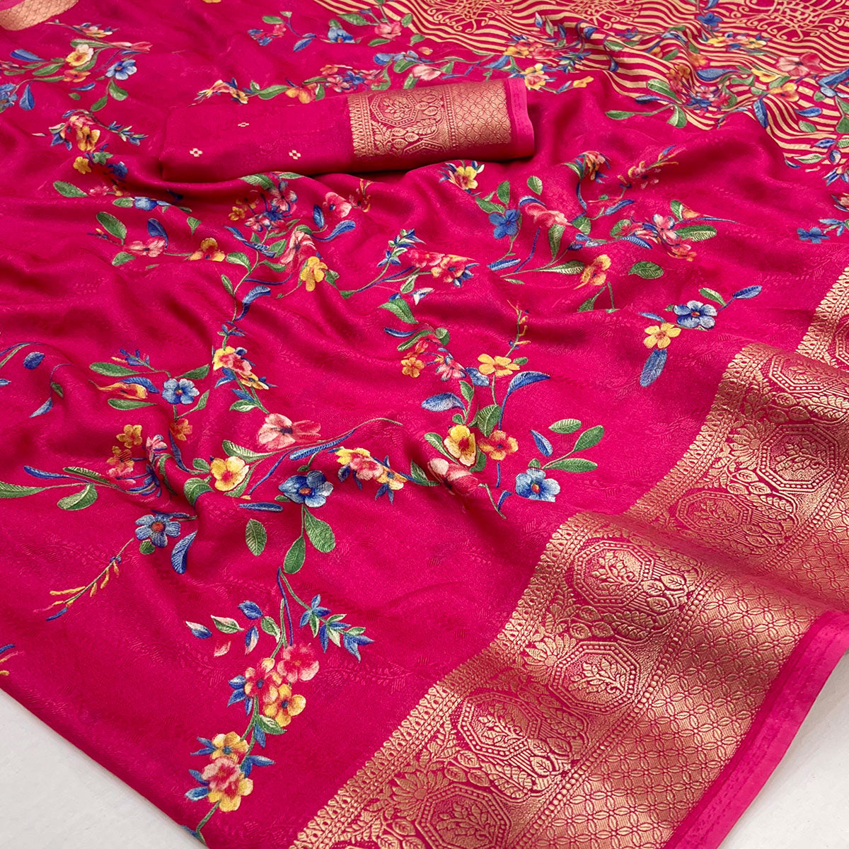 Pink Floral Printed Georgette Saree With Woven Border