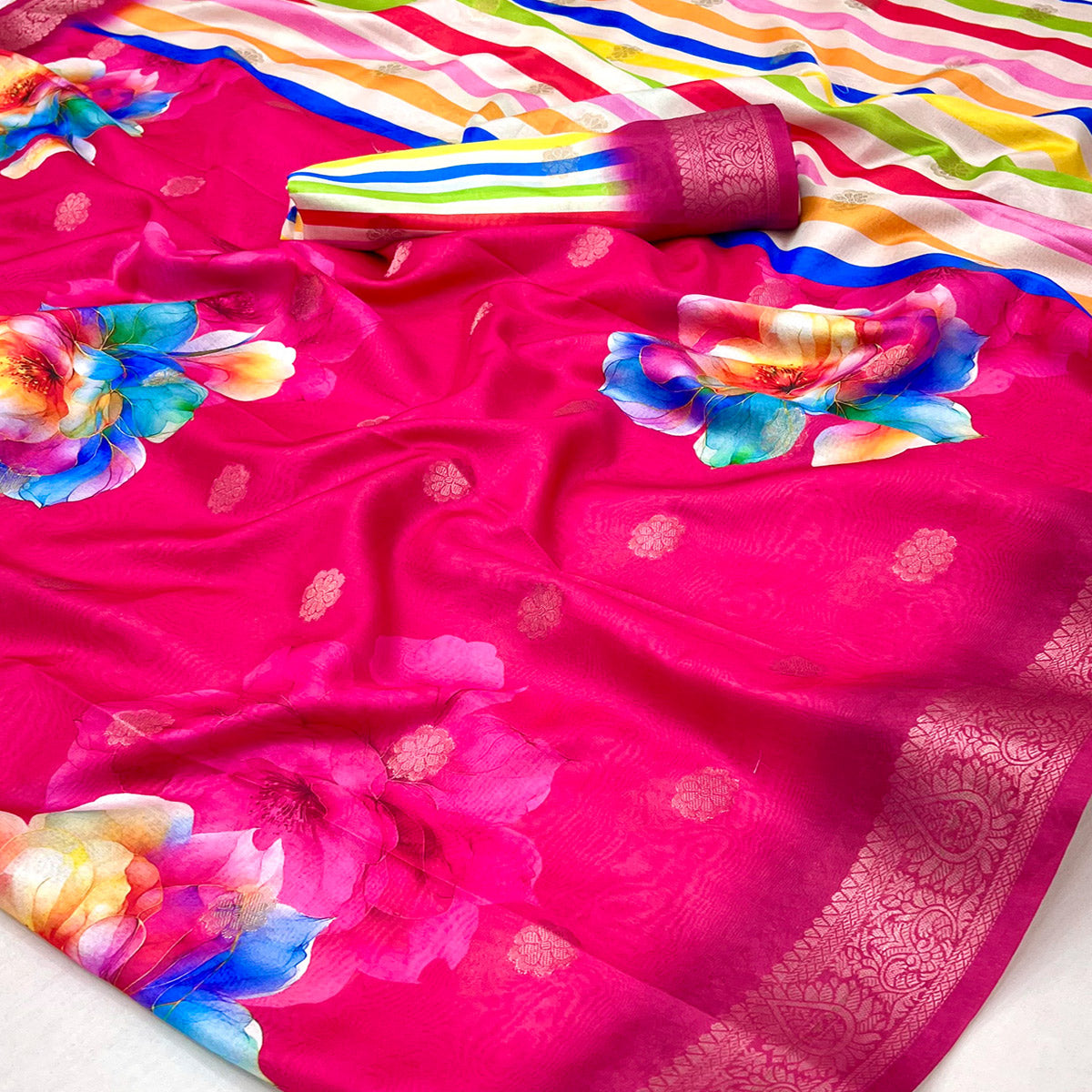 Rani Pink Floral Digital Printed Dola Silk Saree With Woven Border