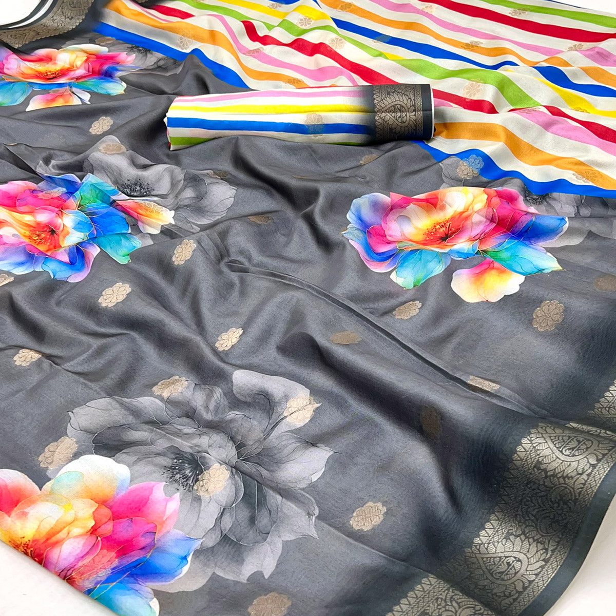 Grey Floral Digital Printed Dola Silk Saree With Woven Border