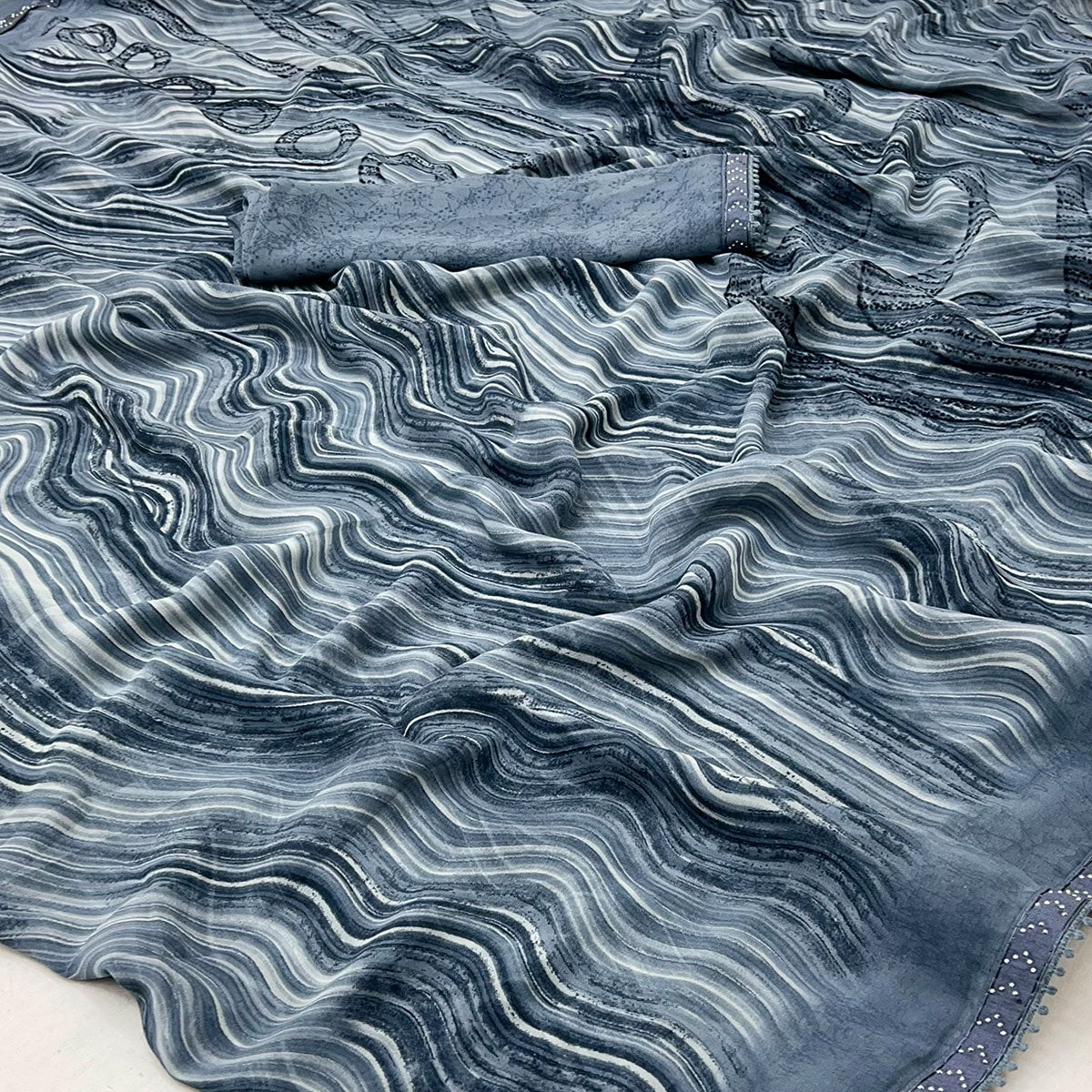 Grey Printed Georgette Saree With Fancy Lace Border