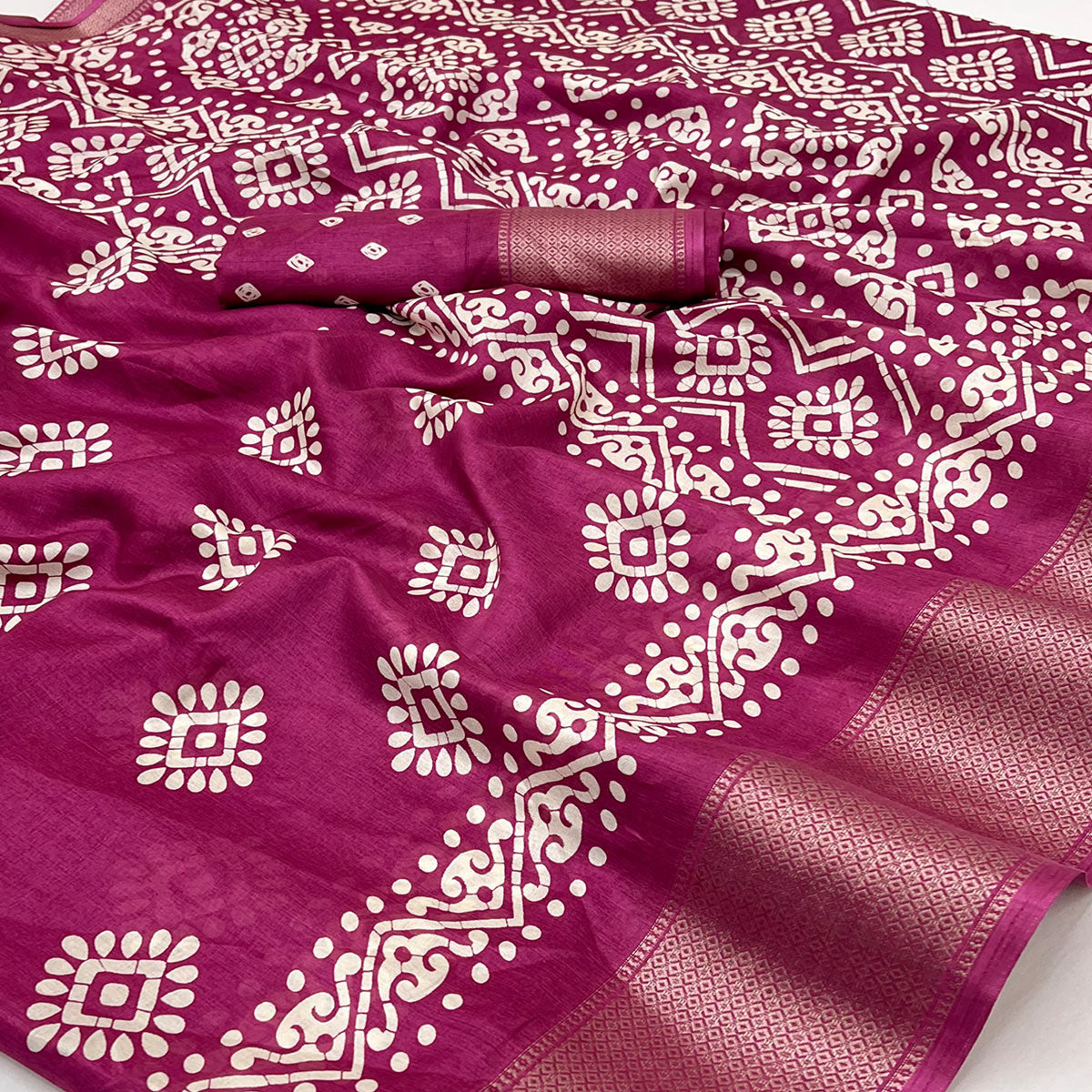 Dark Magenta Batik Printed Dola Silk Saree With Woven Border