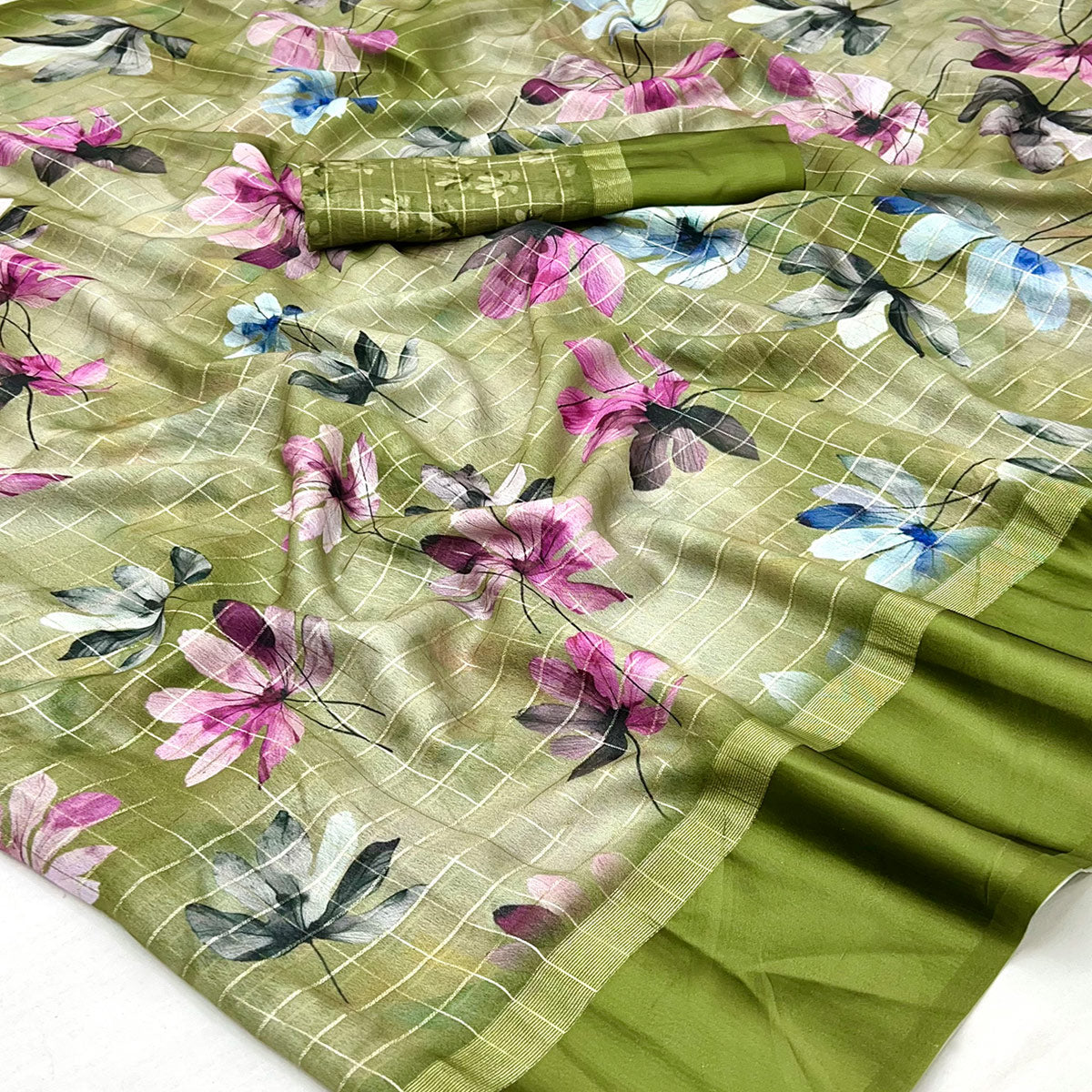 Green Floral Digital Printed With Zari Woven Georgette Saree