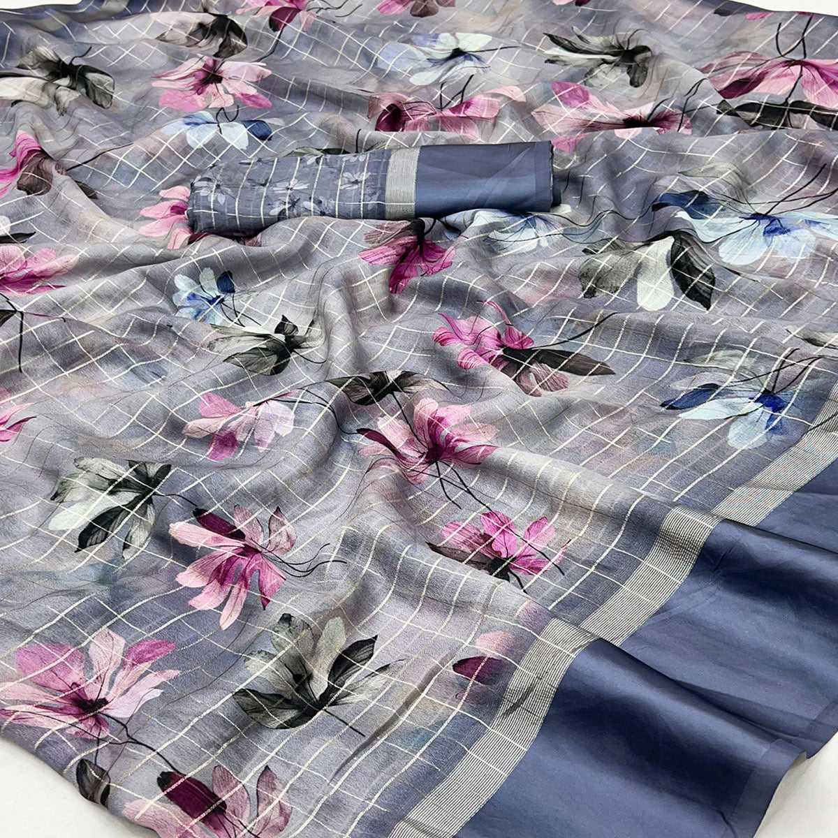 Grey Floral Digital Printed With Zari Woven Georgette Saree