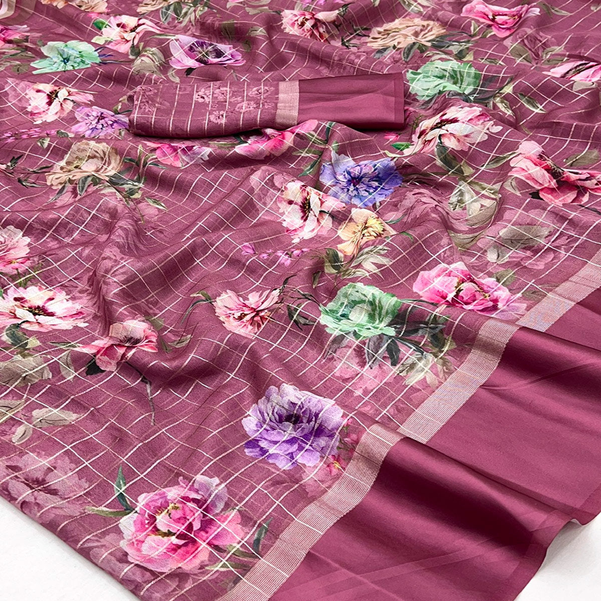 Dusty Rose Pink Floral Digital Printed With Zari Woven Georgette Saree