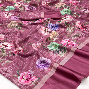 Dusty Rose Pink Floral Digital Printed With Zari Woven Georgette Saree