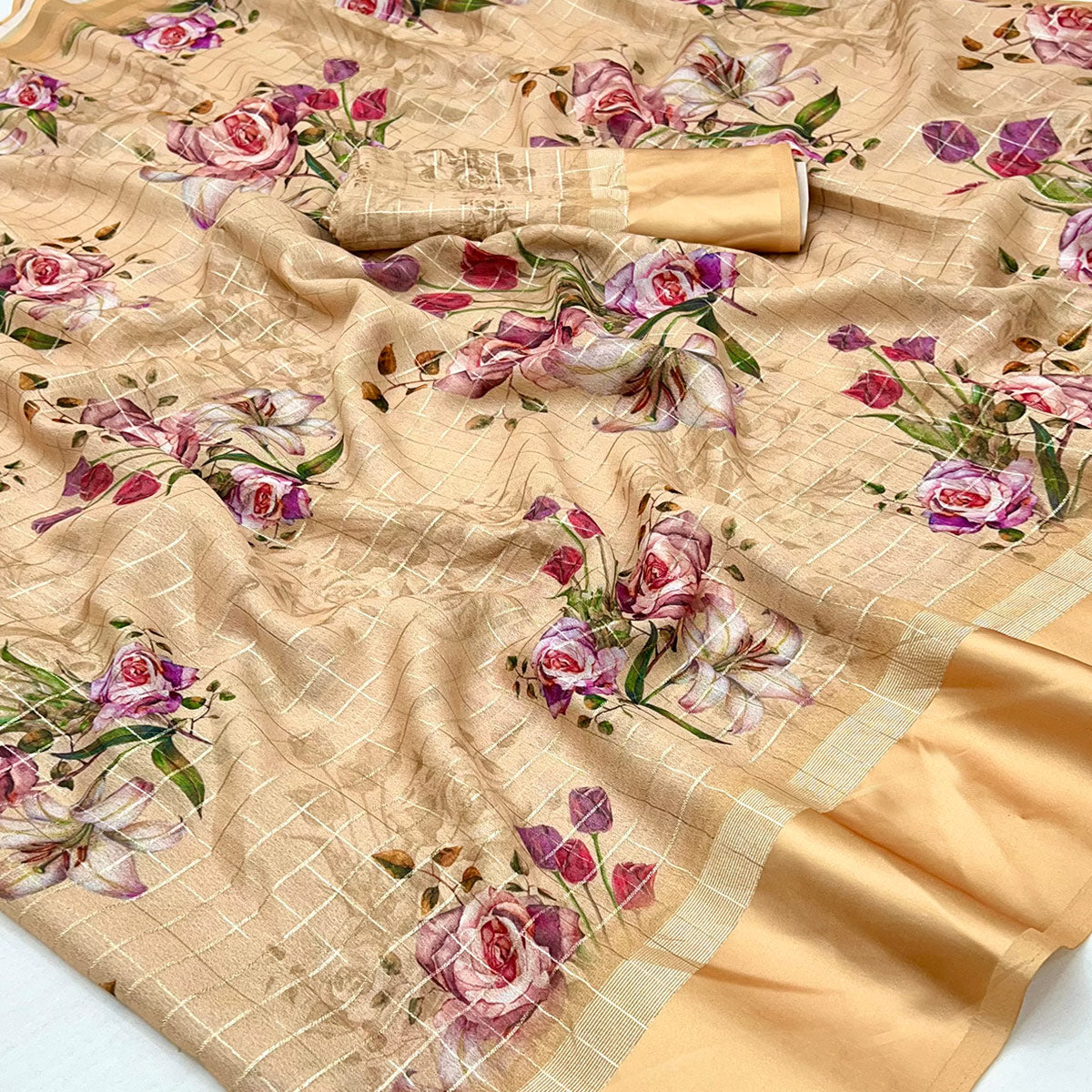 Chikoo Floral Digital Printed With Zari Woven Georgette Saree