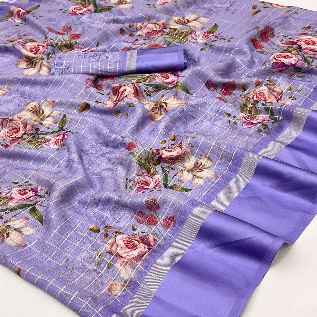 Lavender Floral Digital Printed With Zari Woven Georgette Saree