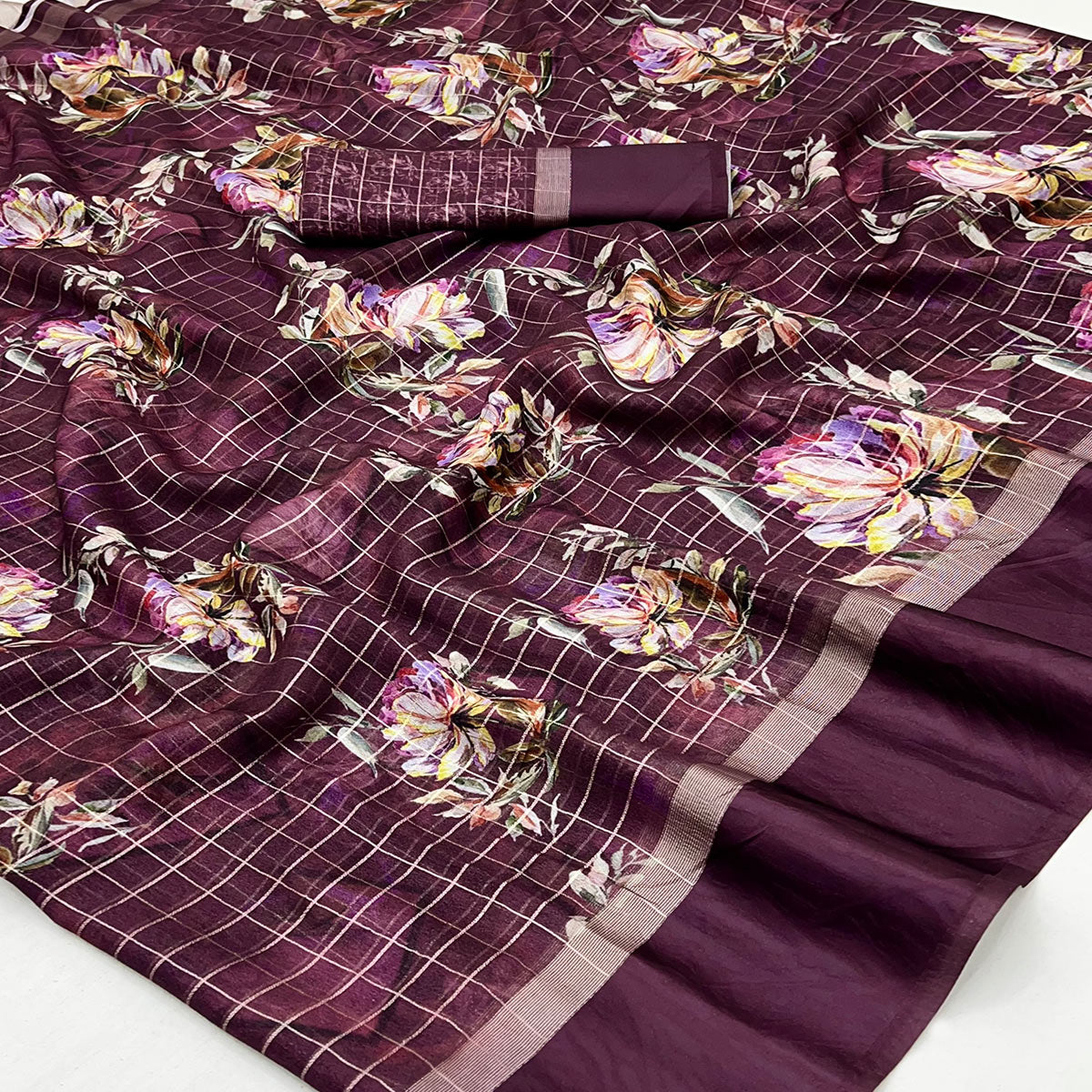 Wine Floral Digital Printed With Zari Woven Georgette Saree