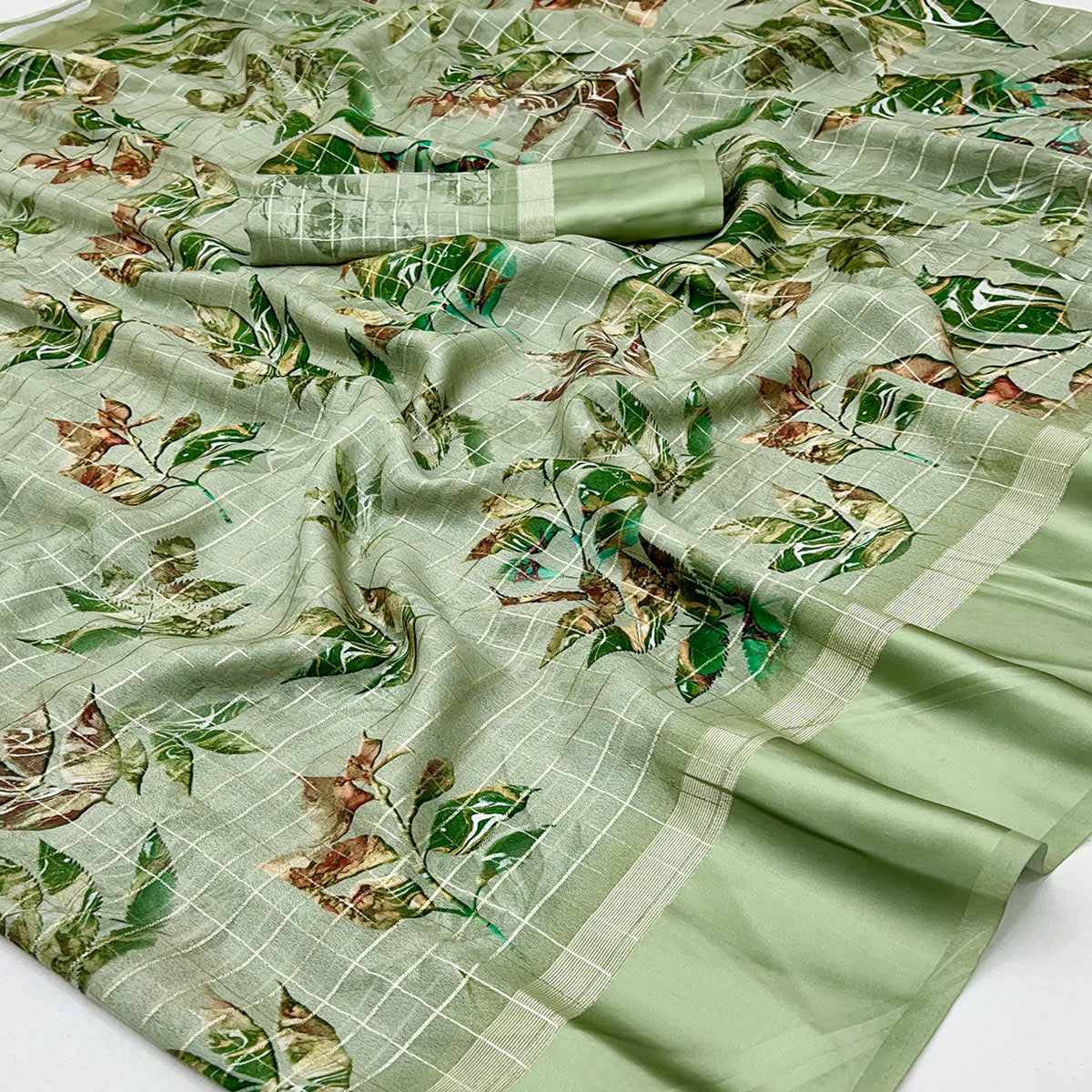 Green Floral Digital Printed With Zari Woven Georgette Saree