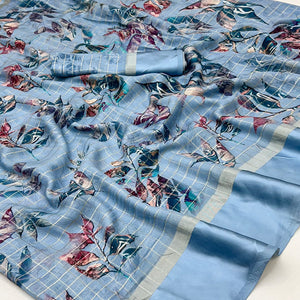 Bluyish Grey Floral Digital Printed With Zari Woven Georgette Saree