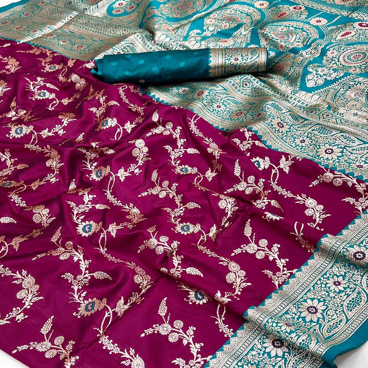 Dark Magenta Art Silk Saree With Intricate Floral Banarasi Zari Weaving