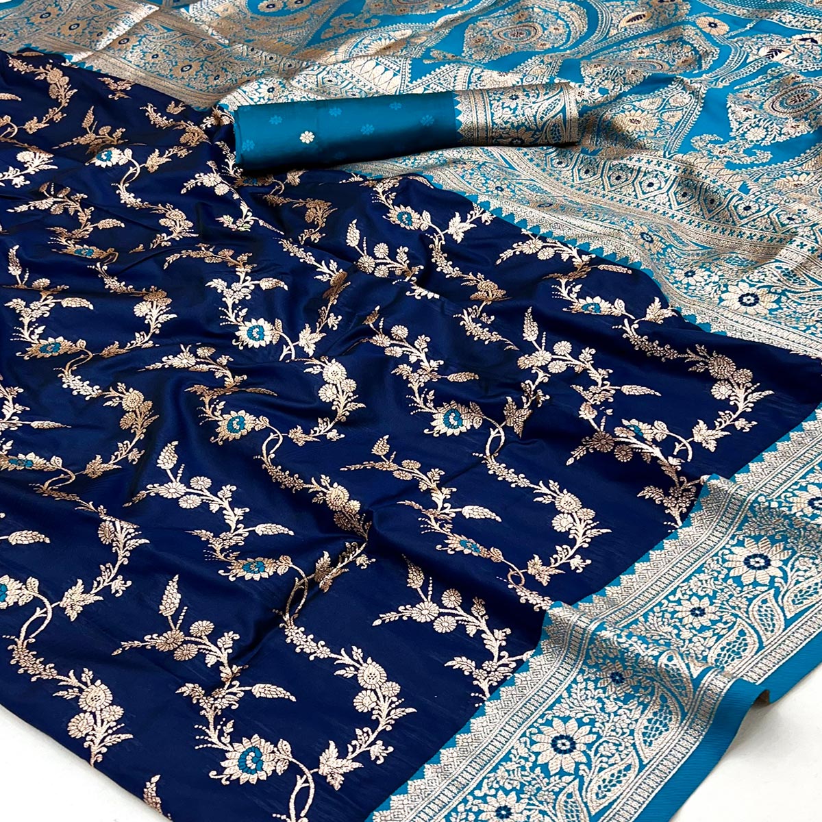 Navy Blue Art Silk Saree With Intricate Floral Banarasi Zari Weaving