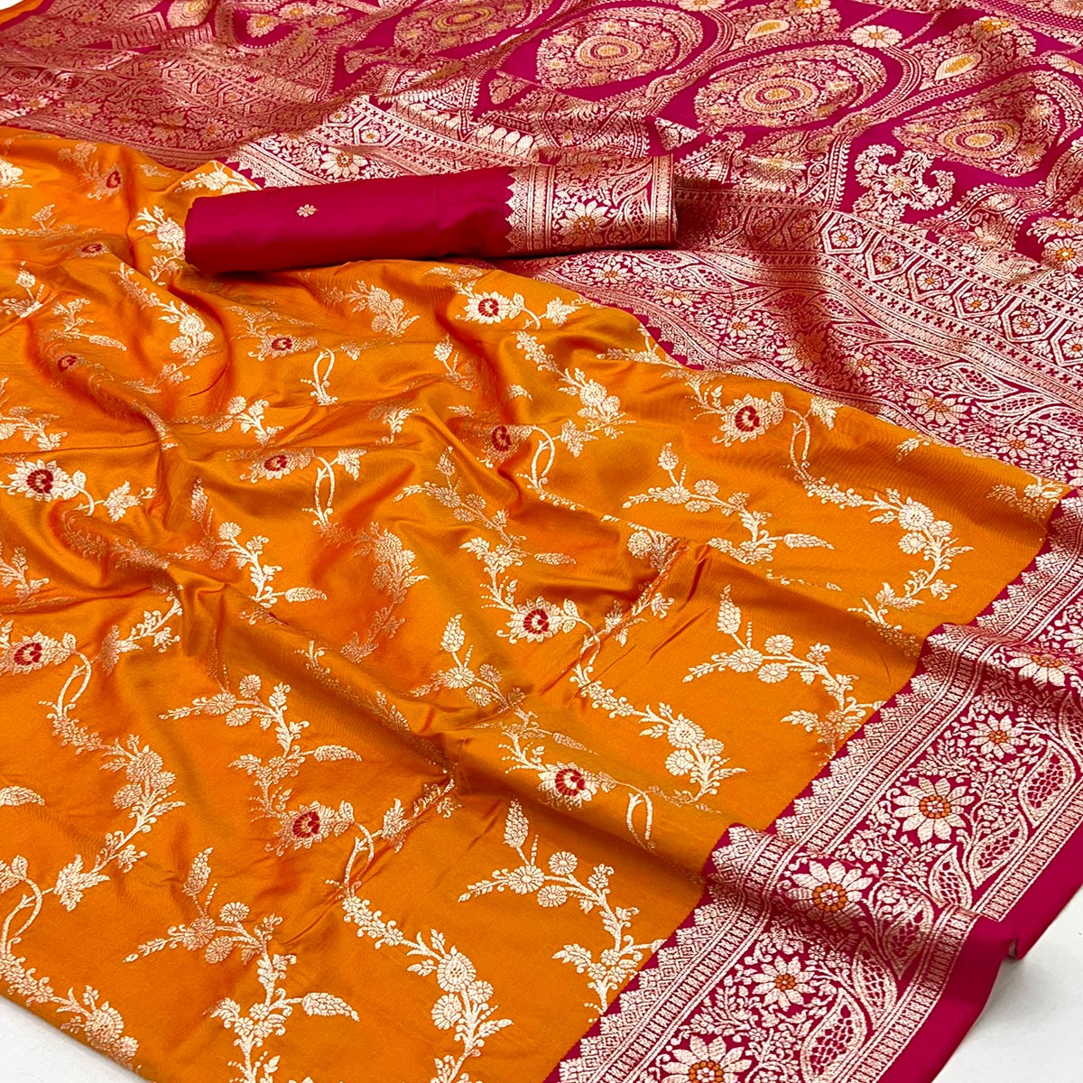 Orange Art Silk Saree With Intricate Floral Banarasi Zari Weaving