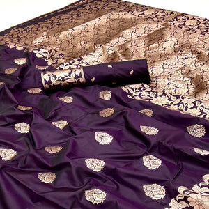 Dark Purple Art Silk Saree With Intricate Zari Weave & Majestic Banarasi Pallu