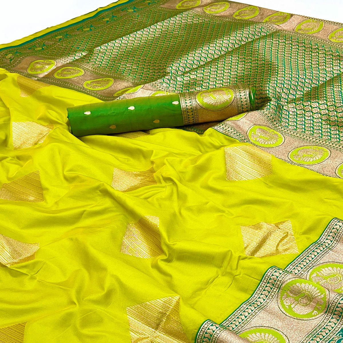 Parrot Green Zari Woven Art Silk Saree With Opulent Banarasi Pallu Work