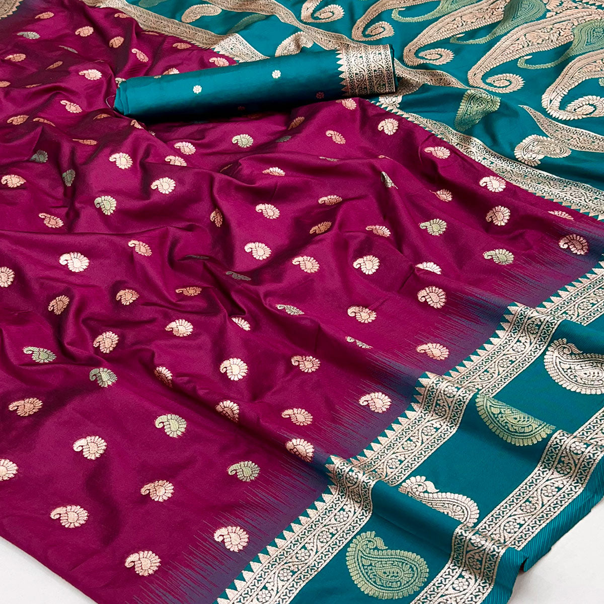 Wine Art Silk Saree Adorned With Zari Woven Paisley Motifs & Rich Banarasi Pallu