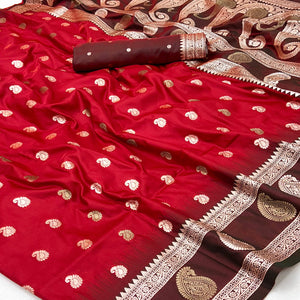 Red Art Silk Saree Adorned With Zari Woven Paisley Motifs & Rich Banarasi Pallu