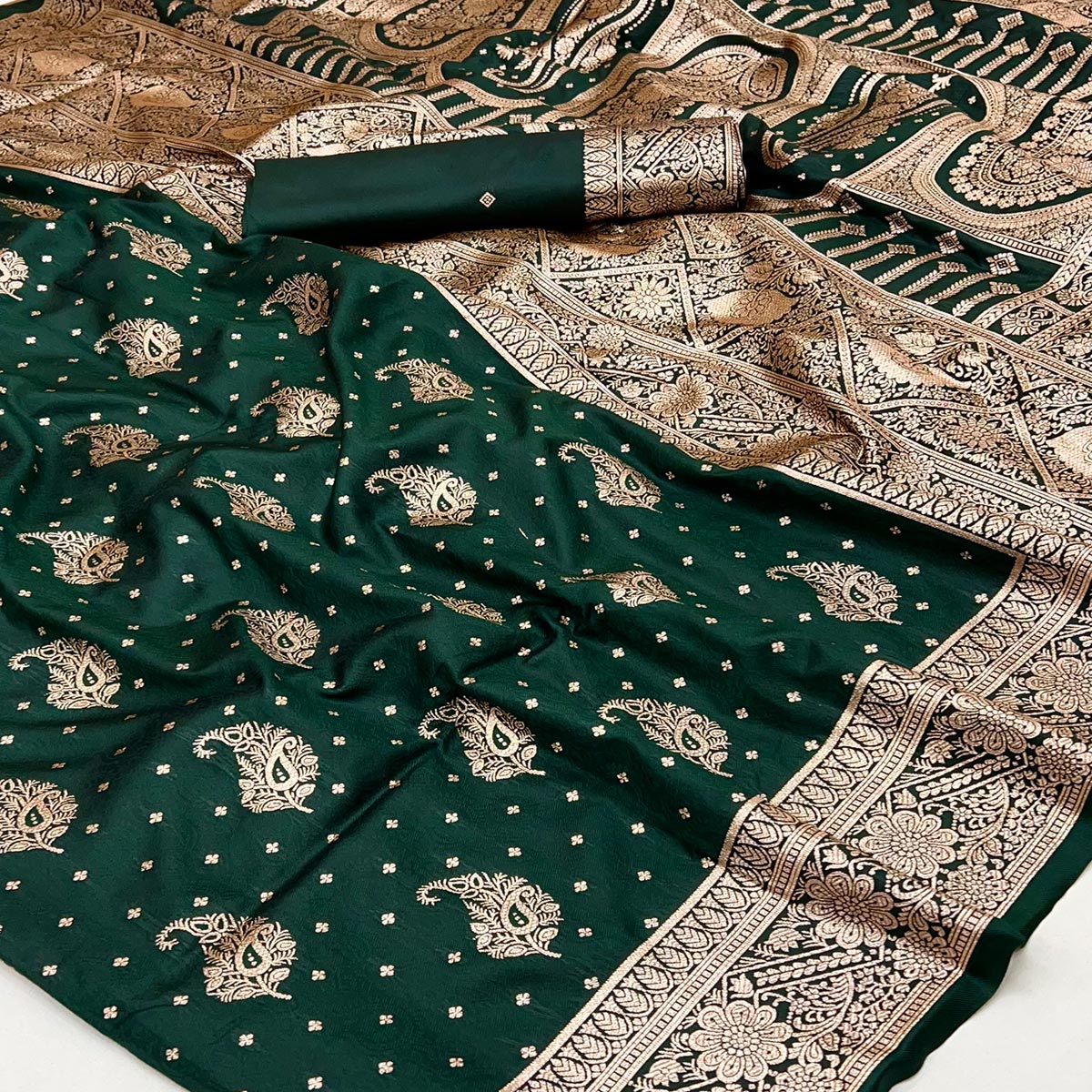 Green Zari Woven Saree in Soft Art Silk with Heritage Paisley Designs
