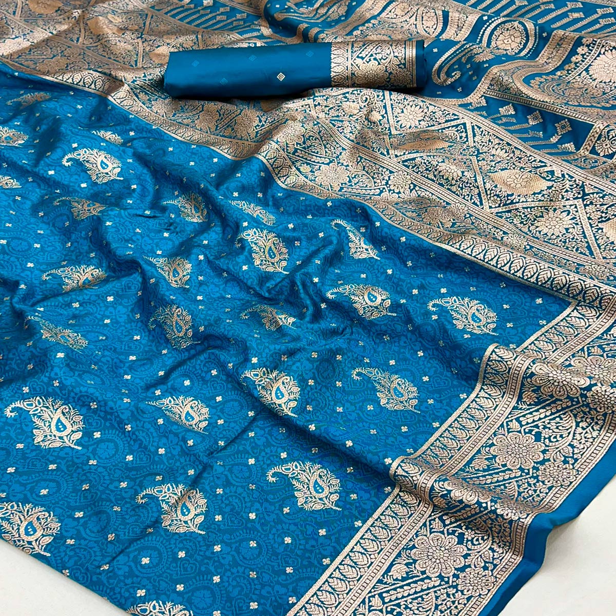 Blue Zari Woven Saree in Soft Art Silk with Heritage Paisley Designs